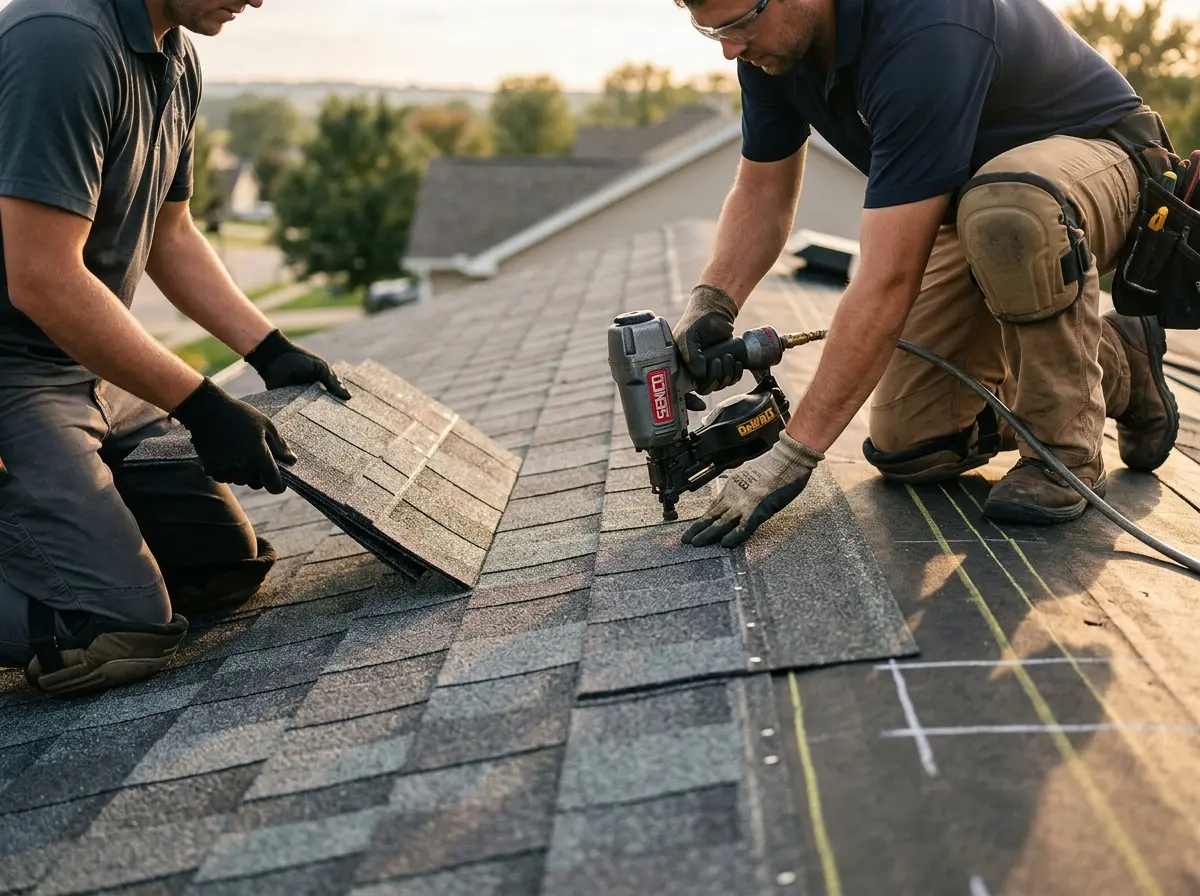 Professional roofer working on a residential roof in Riverdale